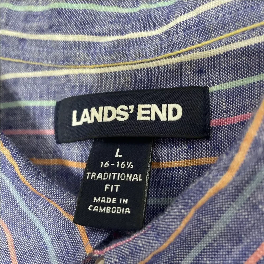 LANDS' END Linen Button Shirt Men L Traditional Fit Blue Vertical Stripe Rainbow